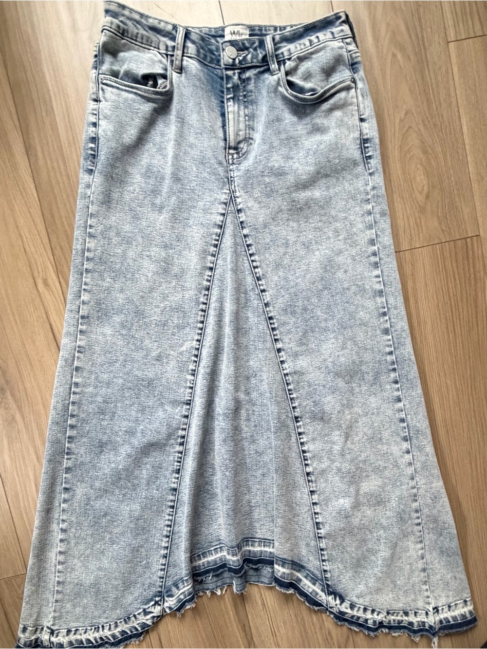 Women's Wash Lab Selma Pieced Acid Denim Maxi Skirt Y2k Frayed Trim 28 STRETCH